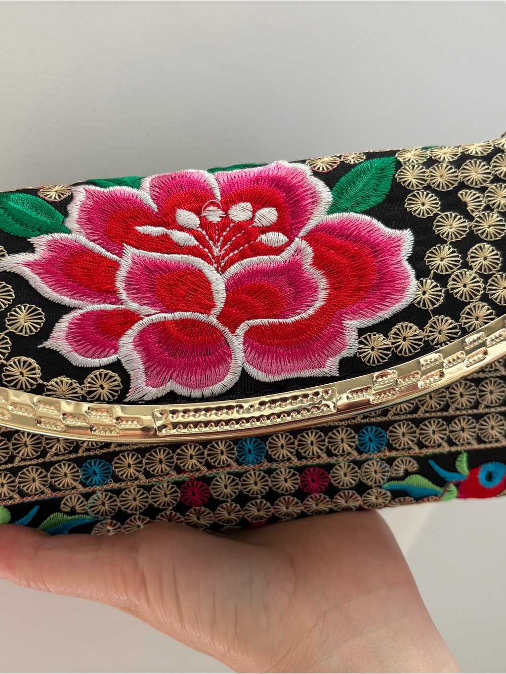 Embroidered Floral Clutch Bag in Black and Pink
